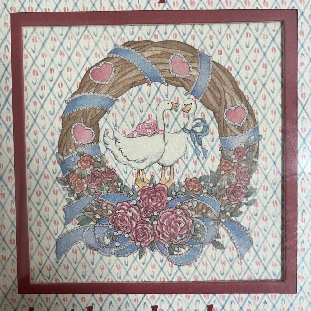 ☾ Vintage 90’s cottagecore pastel goose wall art with oak frame - Picture 2 of 6